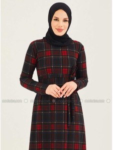 Maroon Maroon Checkered Crew neck Unlined Modest Dress
