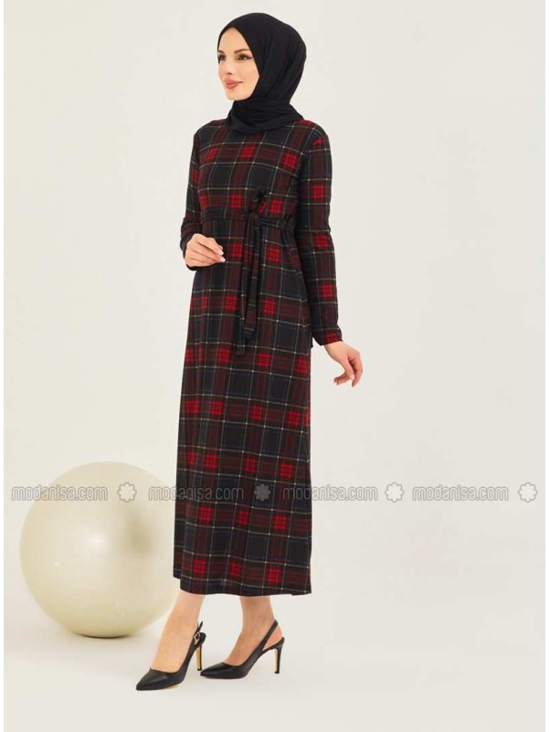 Maroon Maroon Checkered Crew neck Unlined Modest Dress