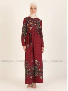 Maroon Multi Crew neck Unlined Modest Dress