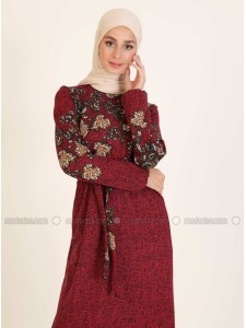 Maroon Multi Crew neck Unlined Modest Dress