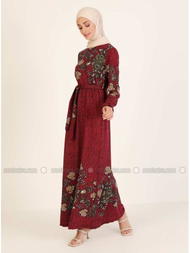 Maroon Multi Crew neck Unlined Modest Dress