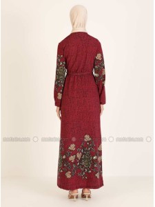 Maroon Multi Crew neck Unlined Modest Dress