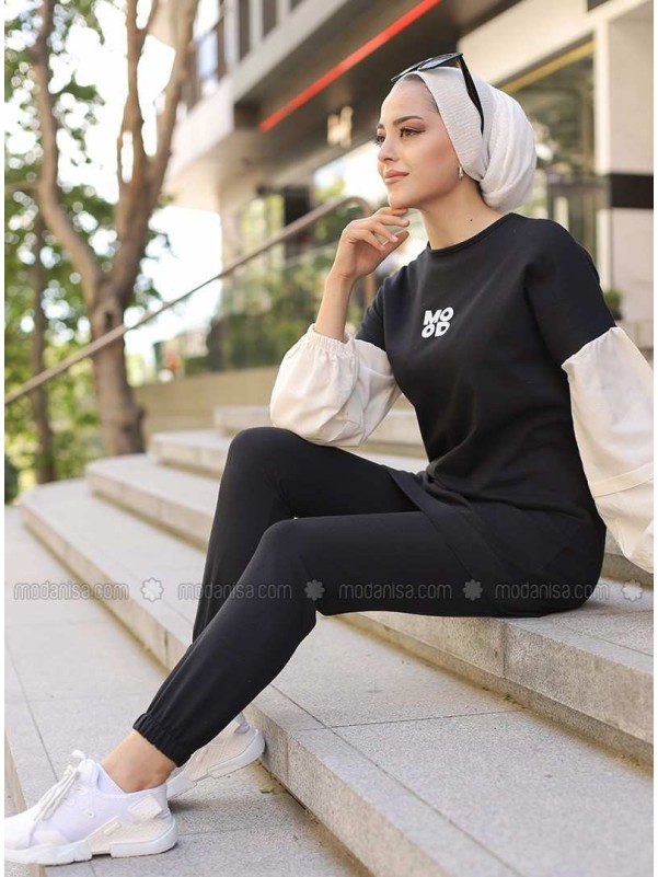 Black Crew neck Tracksuit Set Sports