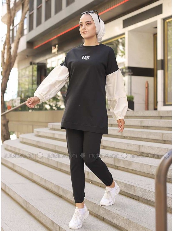 Black Crew neck Tracksuit Set Sports