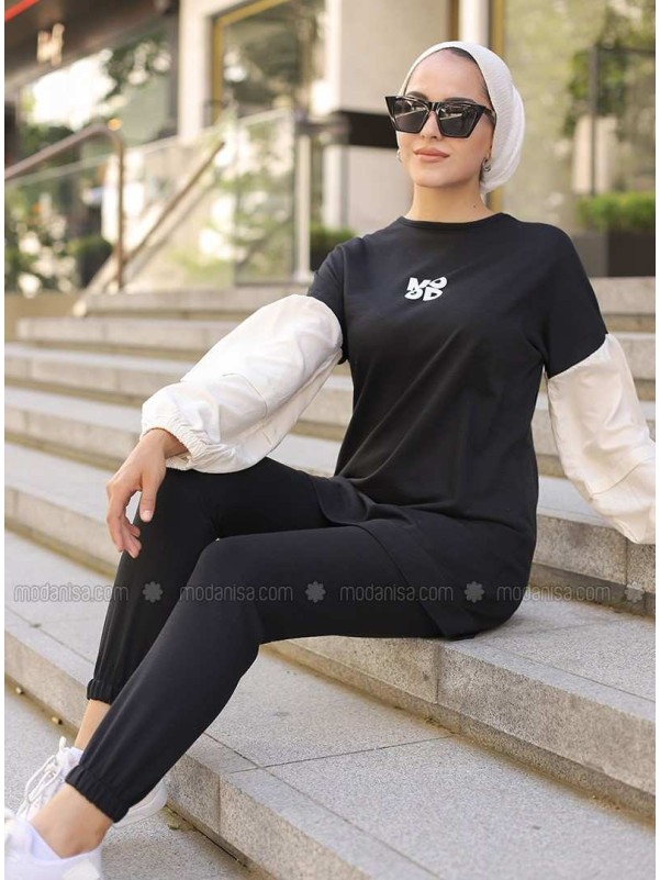 Black Crew neck Tracksuit Set Sports