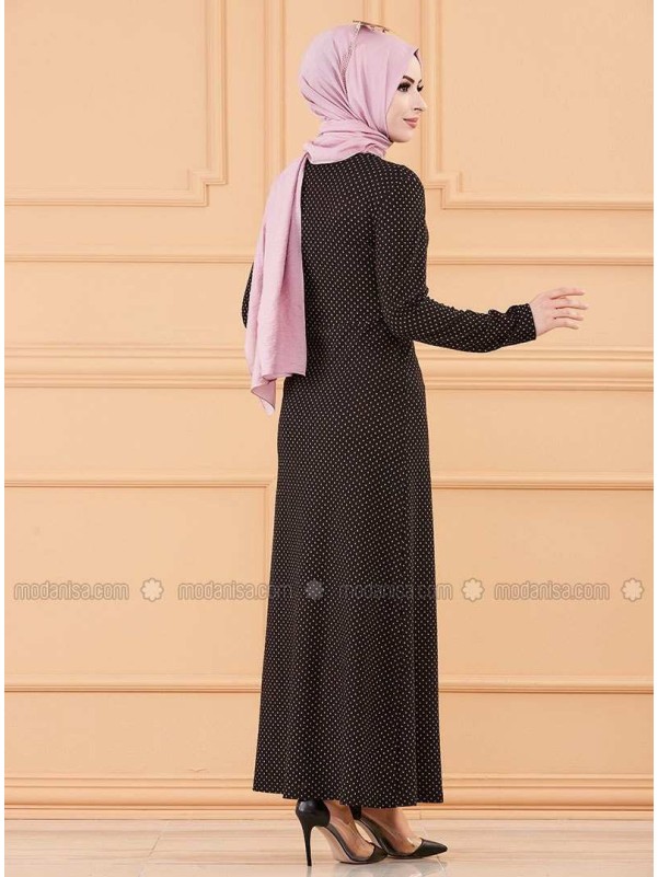 Black Polka Dot Crew neck Unlined Modest Dress