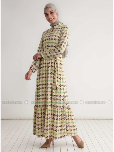 Yellow Multi Crew neck Fully Lined Modest Dress