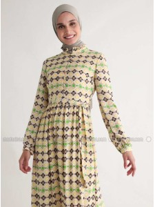 Yellow Multi Crew neck Fully Lined Modest Dress