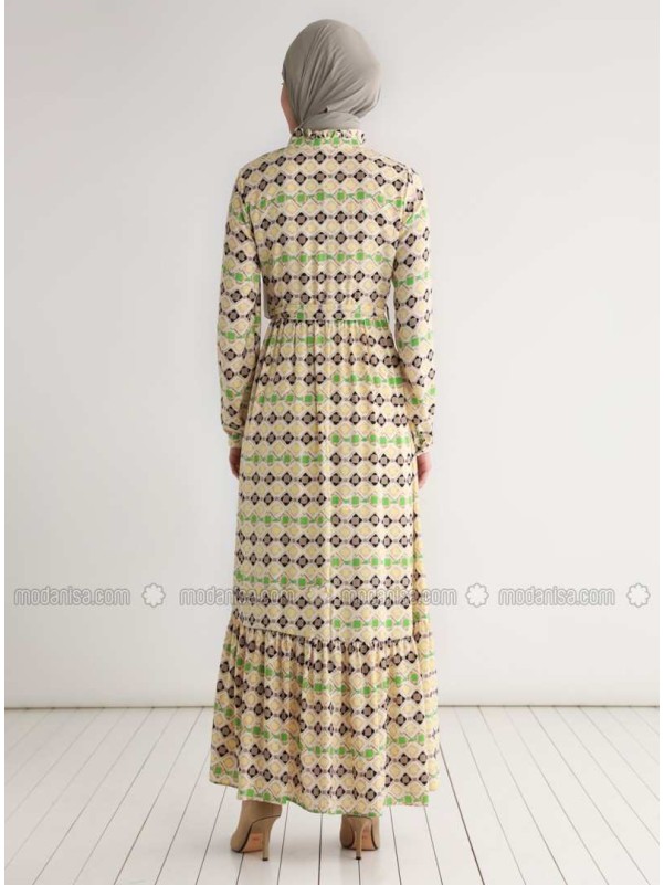 Yellow Multi Crew neck Fully Lined Modest Dress