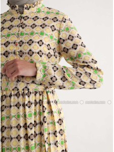 Yellow Multi Crew neck Fully Lined Modest Dress