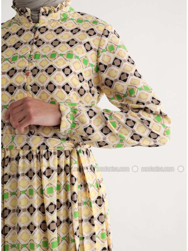 Yellow Multi Crew neck Fully Lined Modest Dress