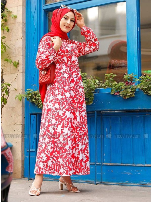 Red Multi Crew neck Unlined Cotton Modest Dress
