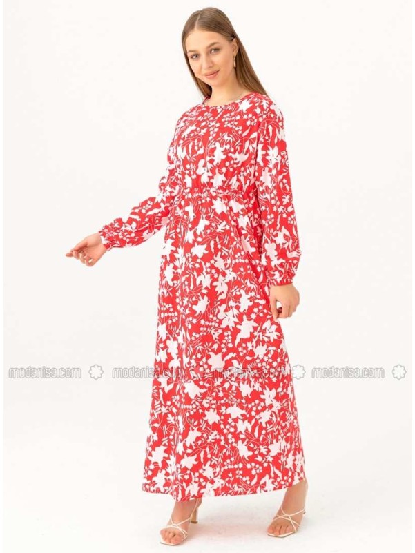 Red Multi Crew neck Unlined Cotton Modest Dress