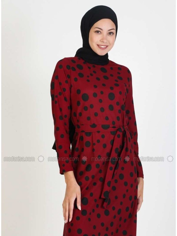 Black Polka Dot Crew neck Unlined Modest Dress