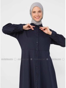 Navy Blue Point Collar Unlined Modest Dress Basic