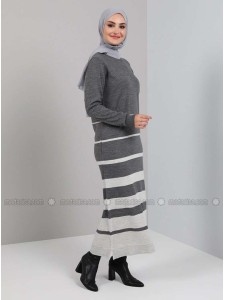 Crew Neck Line Detailed Knitwear Long Dress Smoked Tavin