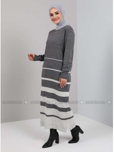 Crew Neck Line Detailed Knitwear Long Dress Smoked Tavin