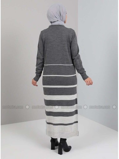 Crew Neck Line Detailed Knitwear Long Dress Smoked Tavin