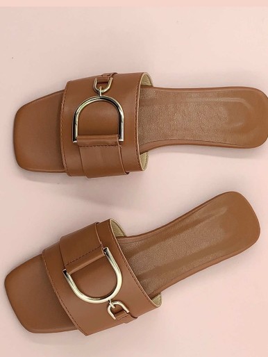 Open Toe Slide Sandal With Metallic Decoration