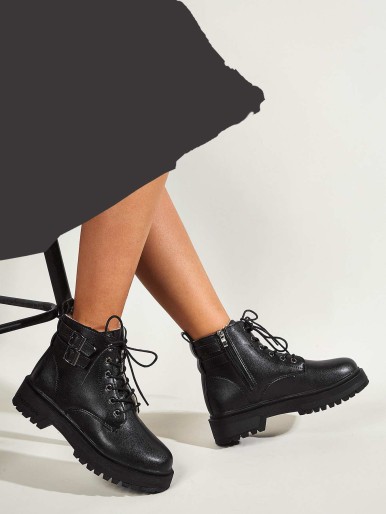 Pin Buckle Decor Combat Boots with zipper