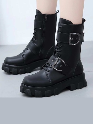 High black leather boots with 2 bands and staps