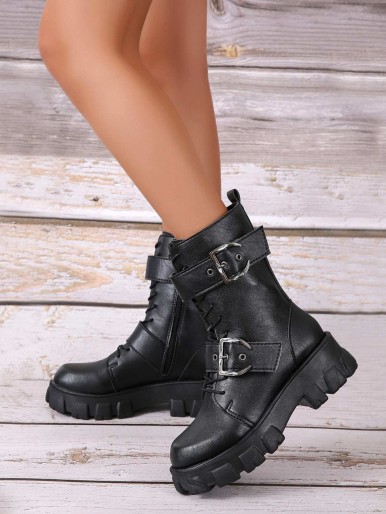 High black leather boots with 2 bands and staps