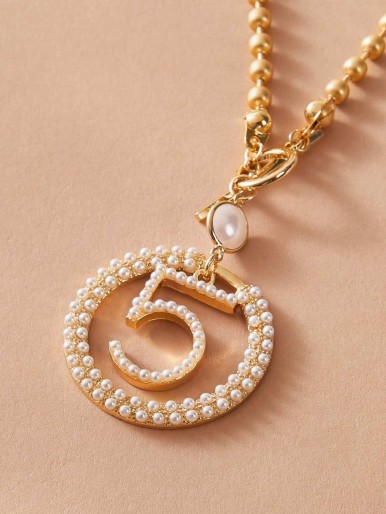 1pc Faux Pearl Decor Number Charm Beaded Necklace