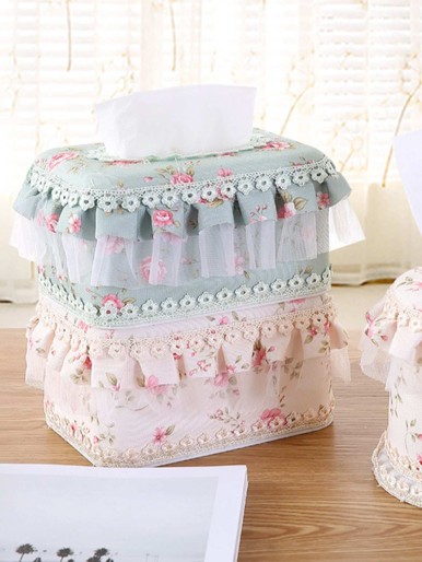 1pc Flower Print Lace Ruffle Tissue Storage Box