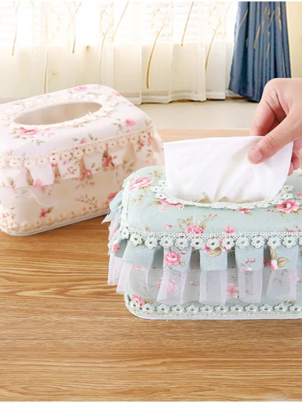 1pc Flower Print Lace Ruffle Tissue Storage Box