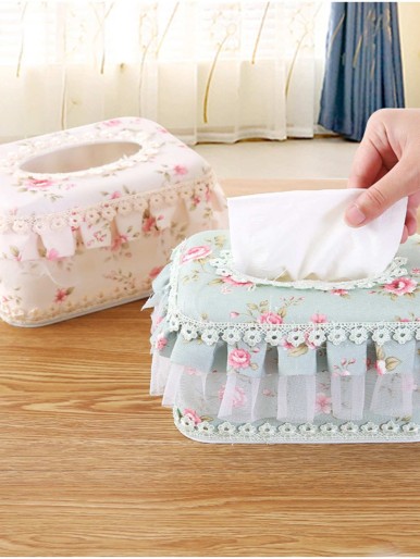 1pc Flower Print Lace Ruffle Tissue Storage Box