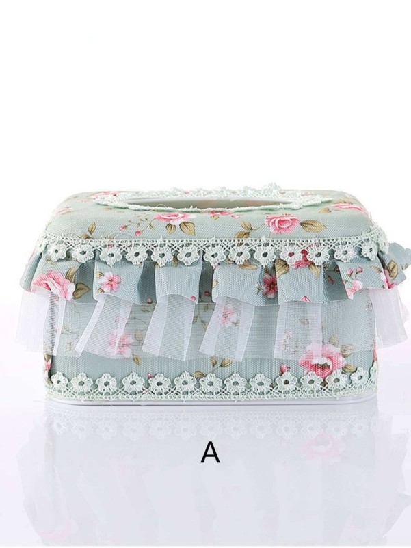 1pc Flower Print Lace Ruffle Tissue Storage Box