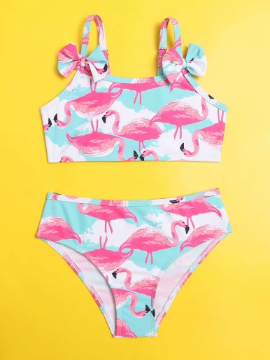 Toddler Girls Flamingo Print Bow Bikini Swimsuit