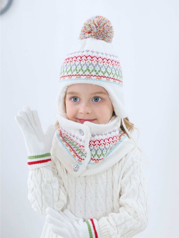 1pc Toddler Girls Geo Pattern Hat & 1pc Scarf & 1pair Gloves