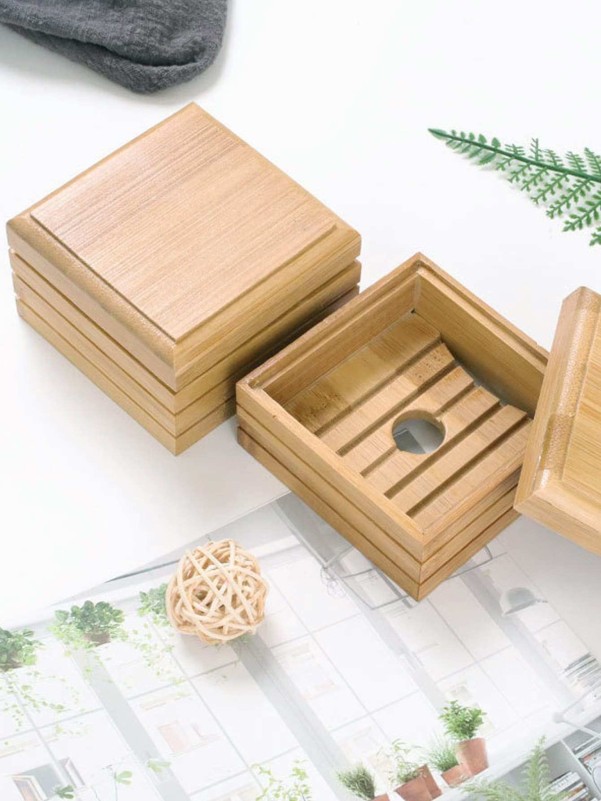 1pc Wooden Soap Dish With Lid