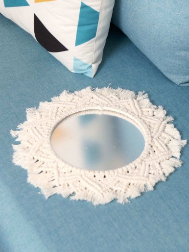 1pc Woven Tassel Rim Wall Hanging Mirror