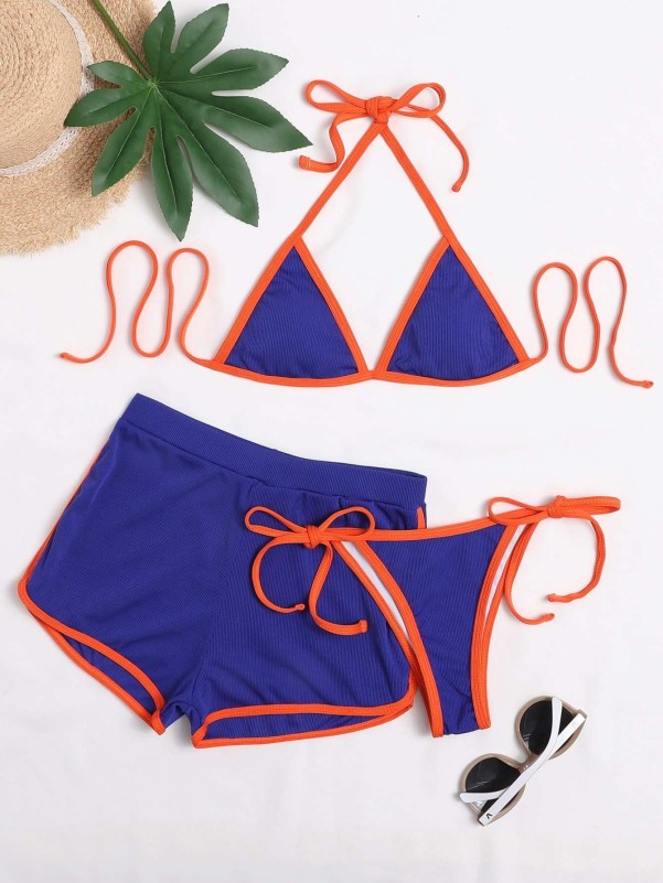 Pack Rib Contrast Binding Triangle Bikini Swimsuit