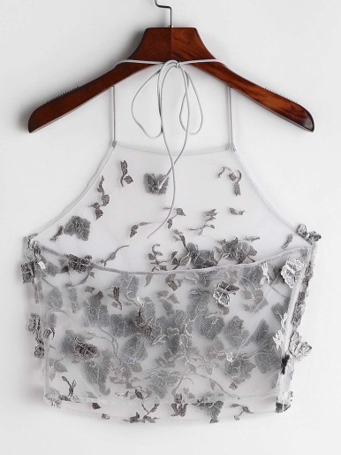 Butterfly Applique Embroidered Mesh Halter Top