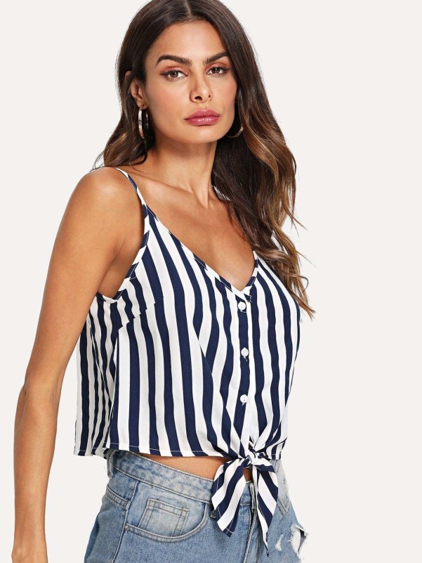 Button Placket Knot Front Cami Top