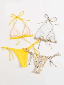 4pack Snakeskin Triangle Tie Side Bikini Swimsuit