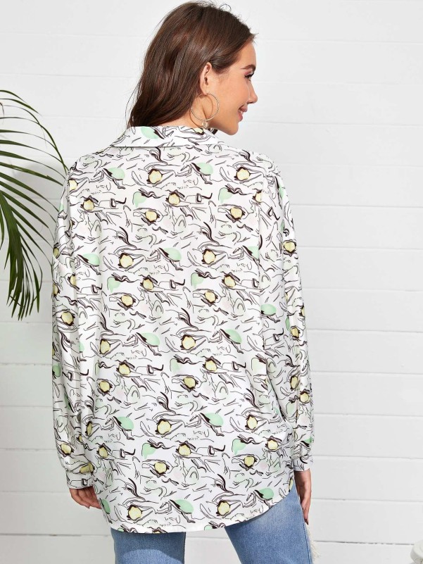 Womens Long Sleeve Button Allover Print Longline Shirt Blouse Top