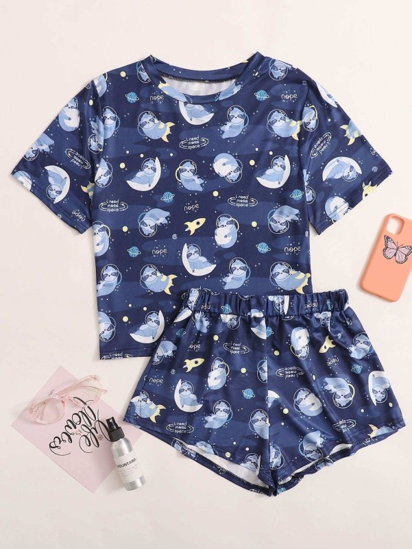 Cartoon And Slogan Graphic Pajama Set