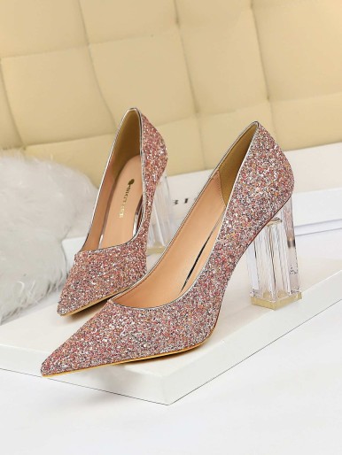 Allover Glitter Decor Chunky Court Heels