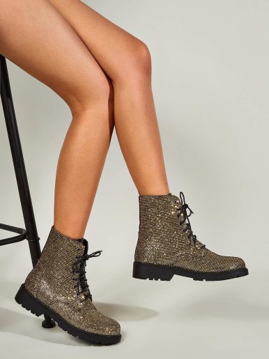 Allover Glitter Decor Lace-up Front Combat Boots