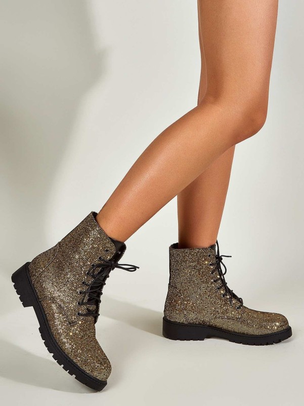 Allover Glitter Decor Lace-up Front Combat Boots