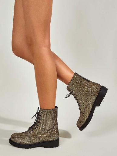 Allover Glitter Decor Lace-up Front Combat Boots