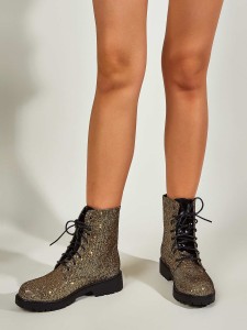 Allover Glitter Decor Lace-up Front Combat Boots