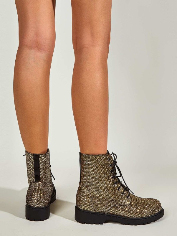 Allover Glitter Decor Lace-up Front Combat Boots