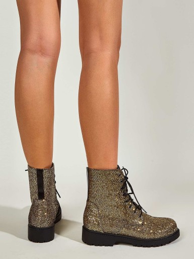 Allover Glitter Decor Lace-up Front Combat Boots