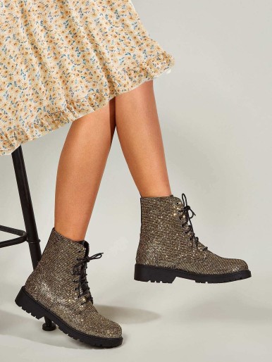 Allover Glitter Decor Lace-up Front Combat Boots