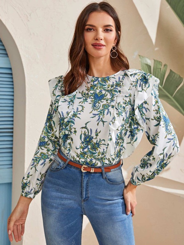 Allover Plants Print Ruffle Blouse